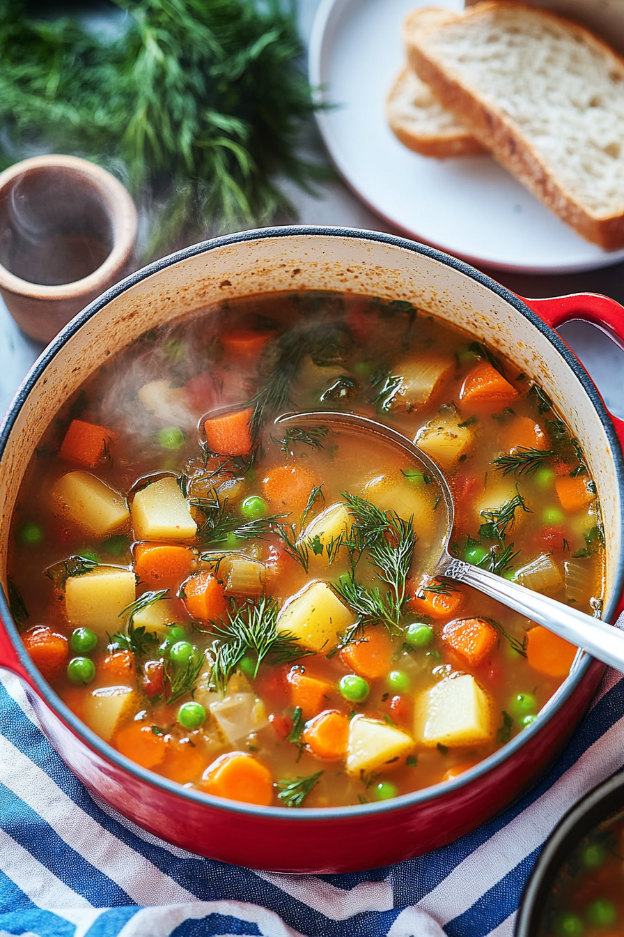 A pot of "Winter Best Vegetable Soup" filled with diced carrots, peas, potatoes, and fresh dill, served in a red pot alongside slices of bread, capturing the essence of a nourishing winter meal.