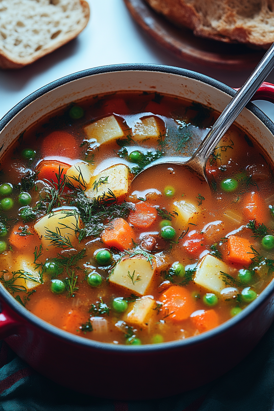 A pot of "Winter Best Vegetable Soup" filled with diced carrots, peas, potatoes, and fresh dill, served in a red pot alongside slices of bread, capturing the essence of a nourishing winter meal.