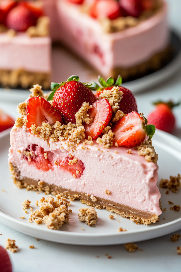 A Strawberry Crunch Cheesecake with a Golden Oreo crust, garnished with fresh strawberries and a crunchy topping, presented on a rustic plate.