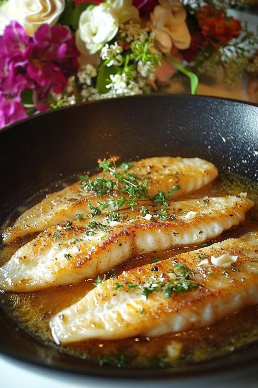 Pan-seared sea bass fillets in garlic butter sauce, garnished with fresh thyme, served in a skillet with a vibrant floral background, showcasing the dish's golden, crispy texture and aromatic appeal.