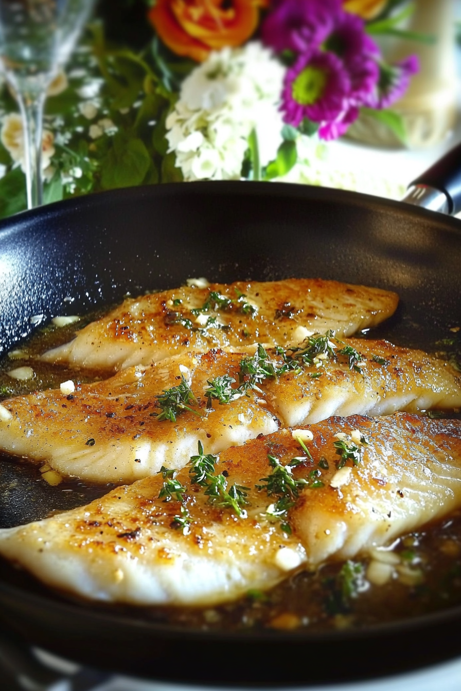 Pan-seared sea bass fillets in garlic butter sauce, garnished with fresh thyme, served in a skillet with a vibrant floral background, showcasing the dish's golden, crispy texture and aromatic appeal.