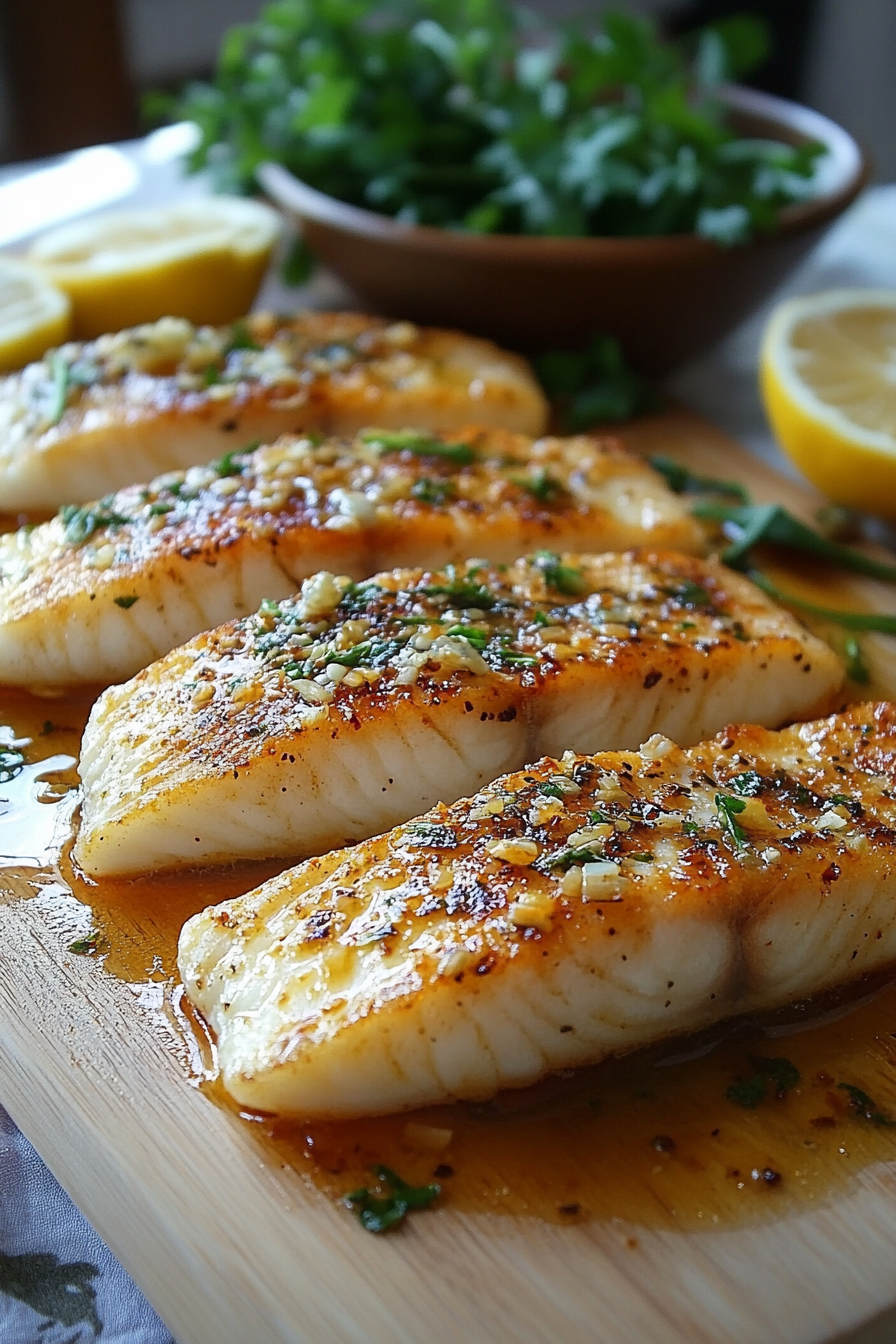 Pan-seared sea bass fillets in garlic butter sauce, garnished with fresh thyme, served in a skillet with a vibrant floral background, showcasing the dish's golden, crispy texture and aromatic appeal.