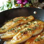 Pan-seared sea bass fillets in garlic butter sauce, garnished with fresh thyme, served in a skillet with a vibrant floral background, showcasing the dish's golden, crispy texture and aromatic appeal.