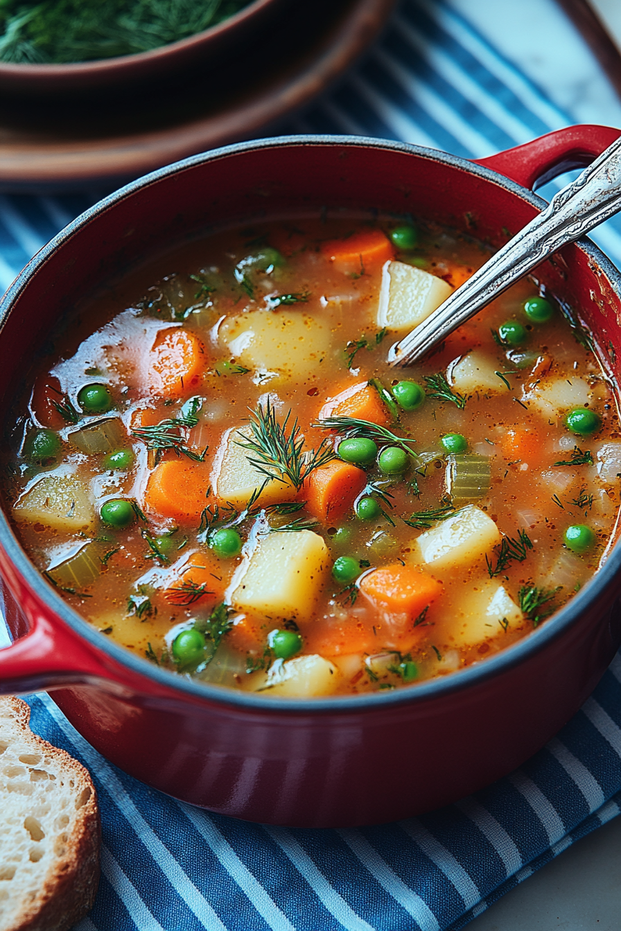 A pot of "Winter Best Vegetable Soup" filled with diced carrots, peas, potatoes, and fresh dill, served in a red pot alongside slices of bread, capturing the essence of a nourishing winter meal.