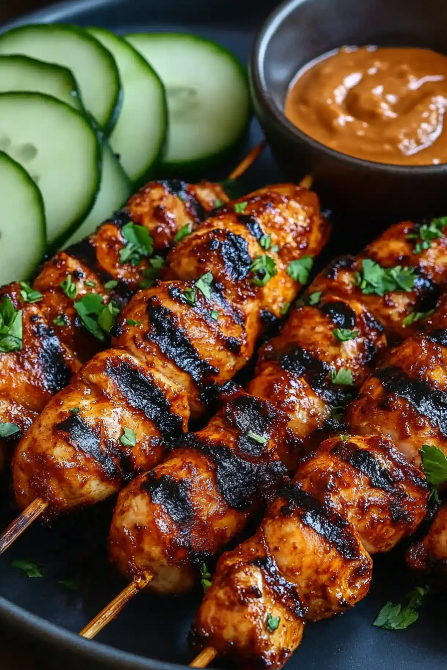 Grilled Indonesian style diet chicken skewers garnished with fresh cilantro, served alongside sliced cucumber and a bowl of peanut sauce.