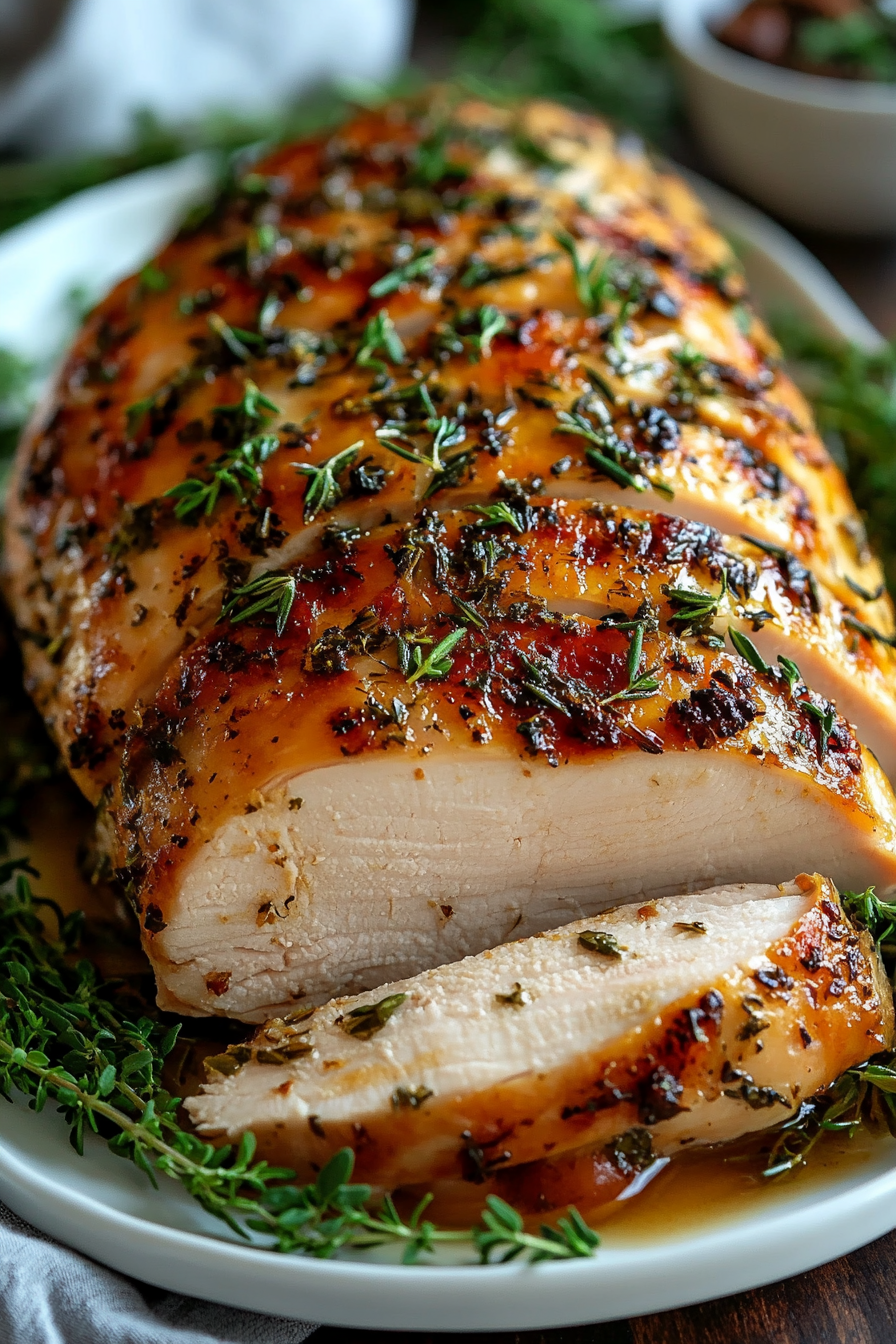 Herb-roasted turkey breast sliced on a plate, garnished with thyme and parsley, showcasing a golden-brown crust and juicy interior.