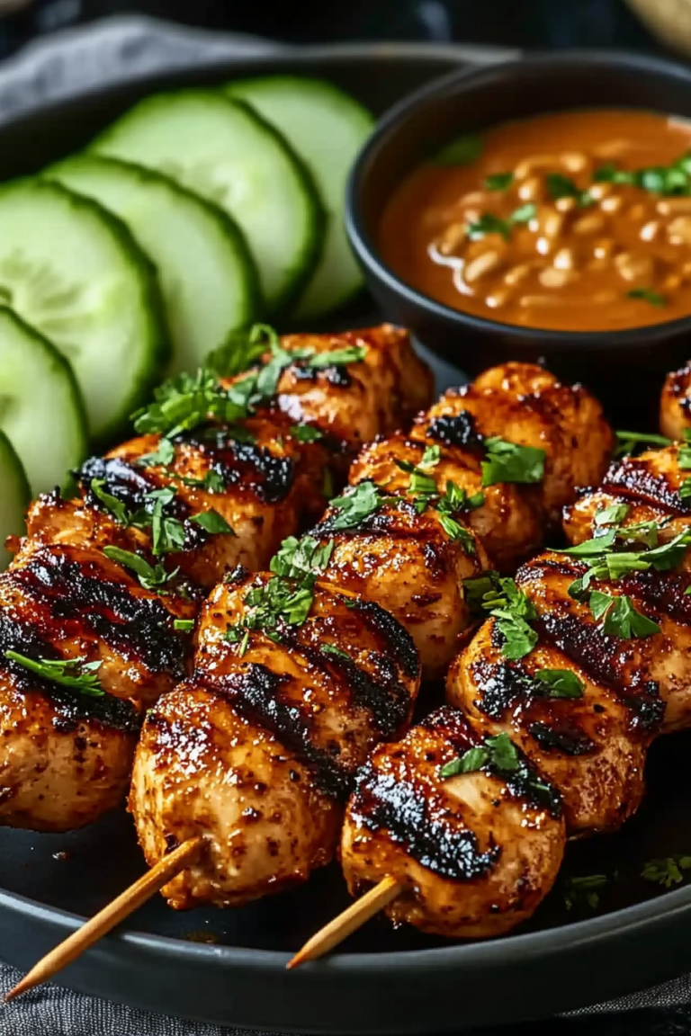 Grilled Indonesian style diet chicken skewers garnished with fresh cilantro, served alongside sliced cucumber and a bowl of peanut sauce.