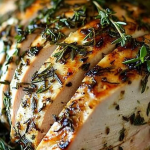 Herb-roasted turkey breast sliced on a plate, garnished with thyme and parsley, showcasing a golden-brown crust and juicy interior.