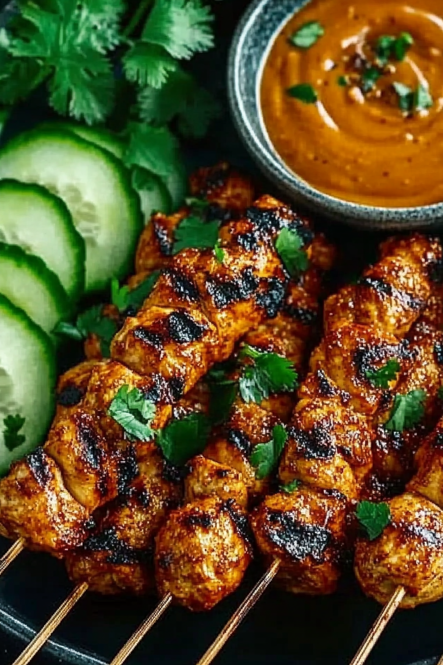 Grilled Indonesian style diet chicken skewers garnished with fresh cilantro, served alongside sliced cucumber and a bowl of peanut sauce.