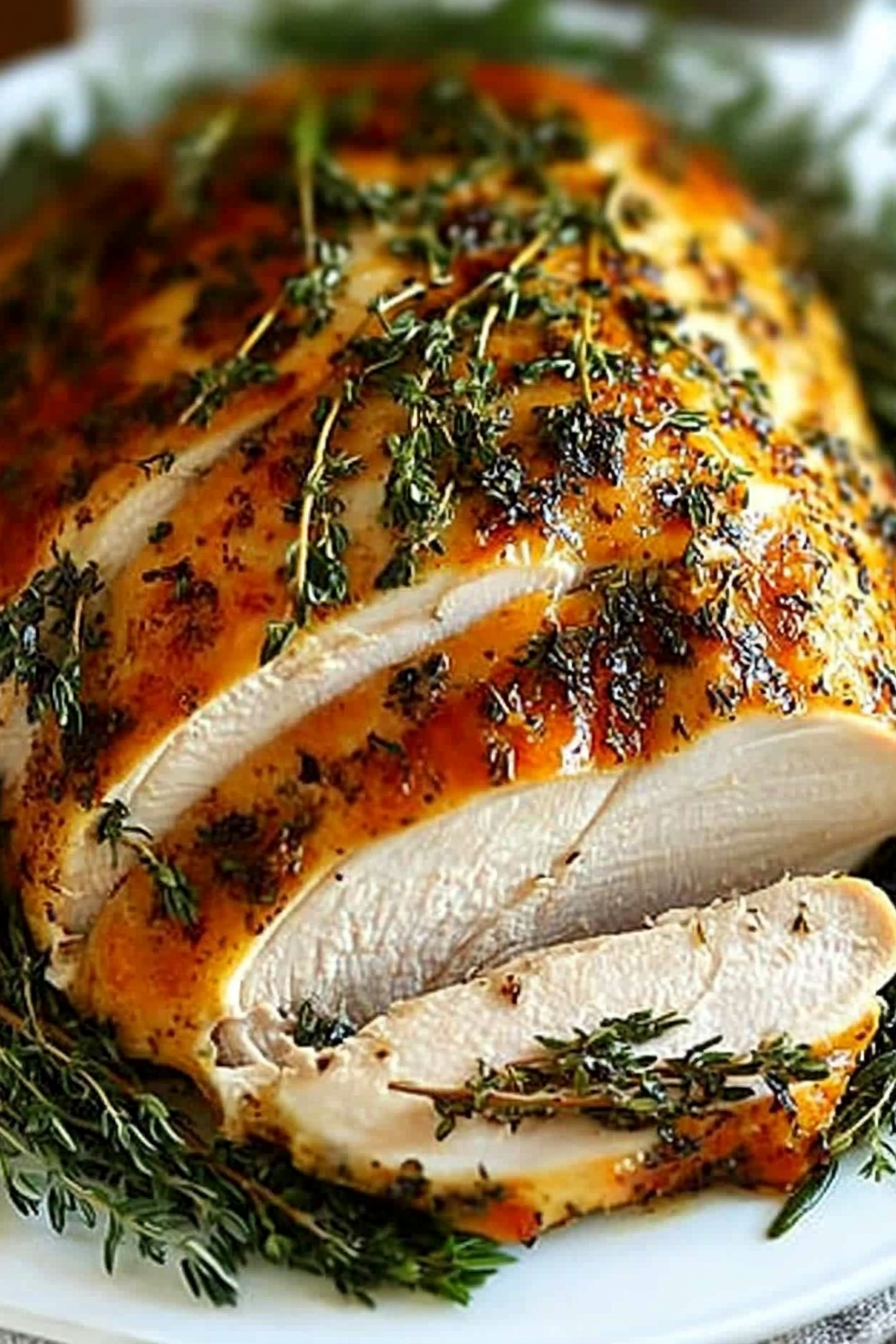 Herb-roasted turkey breast sliced on a plate, garnished with thyme and parsley, showcasing a golden-brown crust and juicy interior.