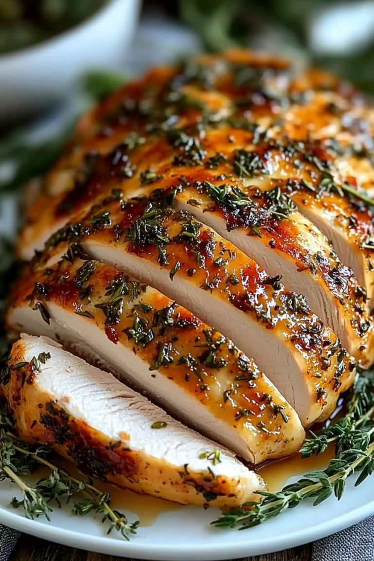 Herb-roasted turkey breast sliced on a plate, garnished with thyme and parsley, showcasing a golden-brown crust and juicy interior.