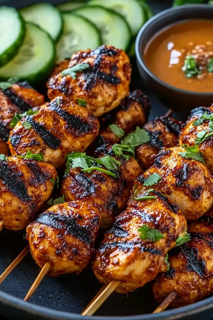 Grilled Indonesian style diet chicken skewers garnished with fresh cilantro, served alongside sliced cucumber and a bowl of peanut sauce.