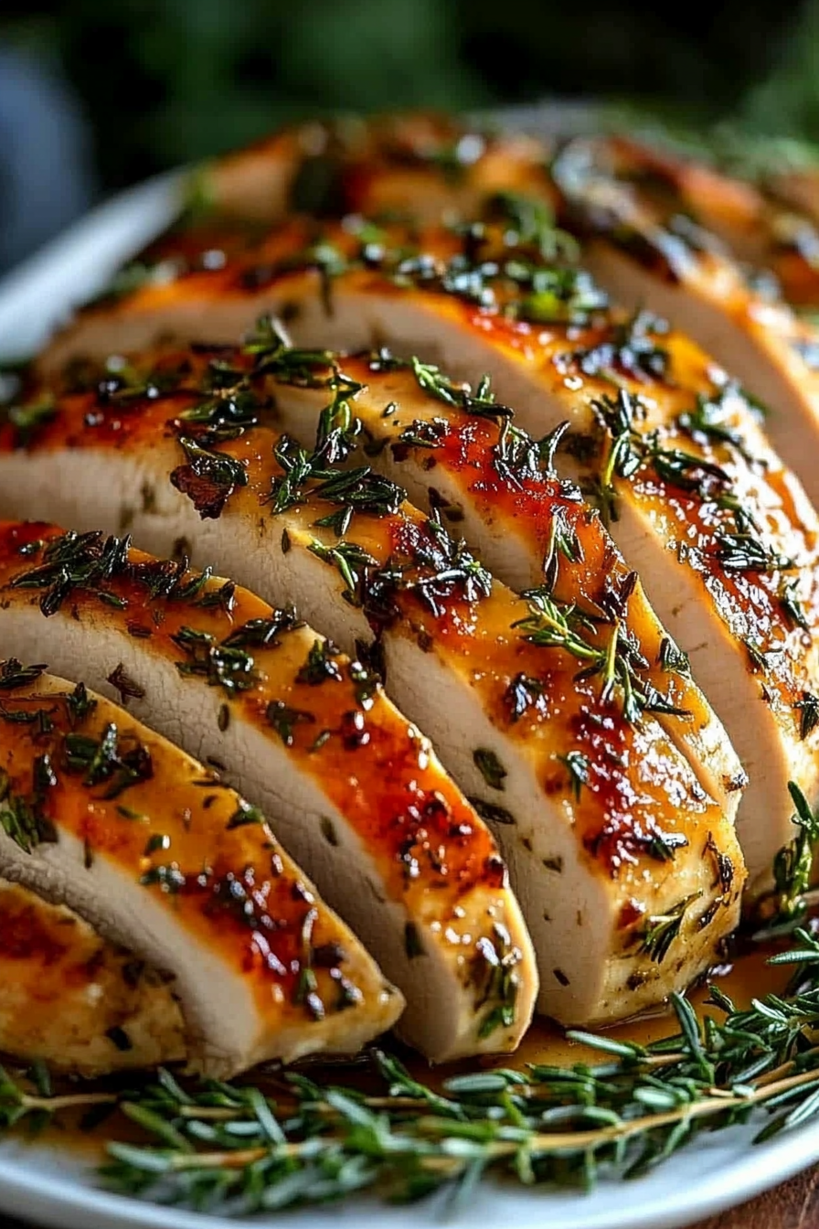 Herb-roasted turkey breast sliced on a plate, garnished with thyme and parsley, showcasing a golden-brown crust and juicy interior.