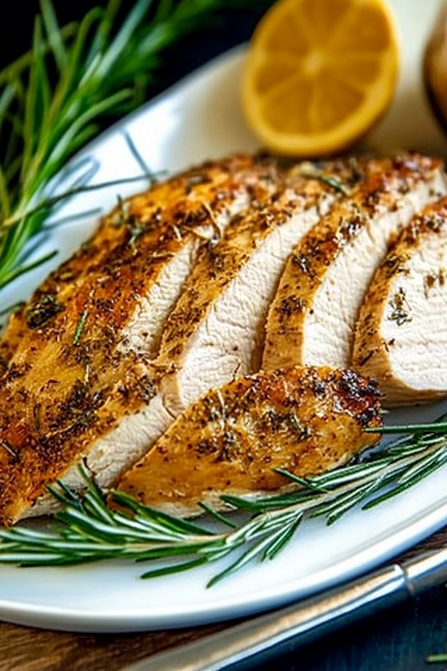 Herb-roasted turkey breast sliced on a plate, garnished with thyme and parsley, showcasing a golden-brown crust and juicy interior.