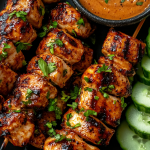 Grilled Indonesian style diet chicken skewers garnished with fresh cilantro, served alongside sliced cucumber and a bowl of peanut sauce.