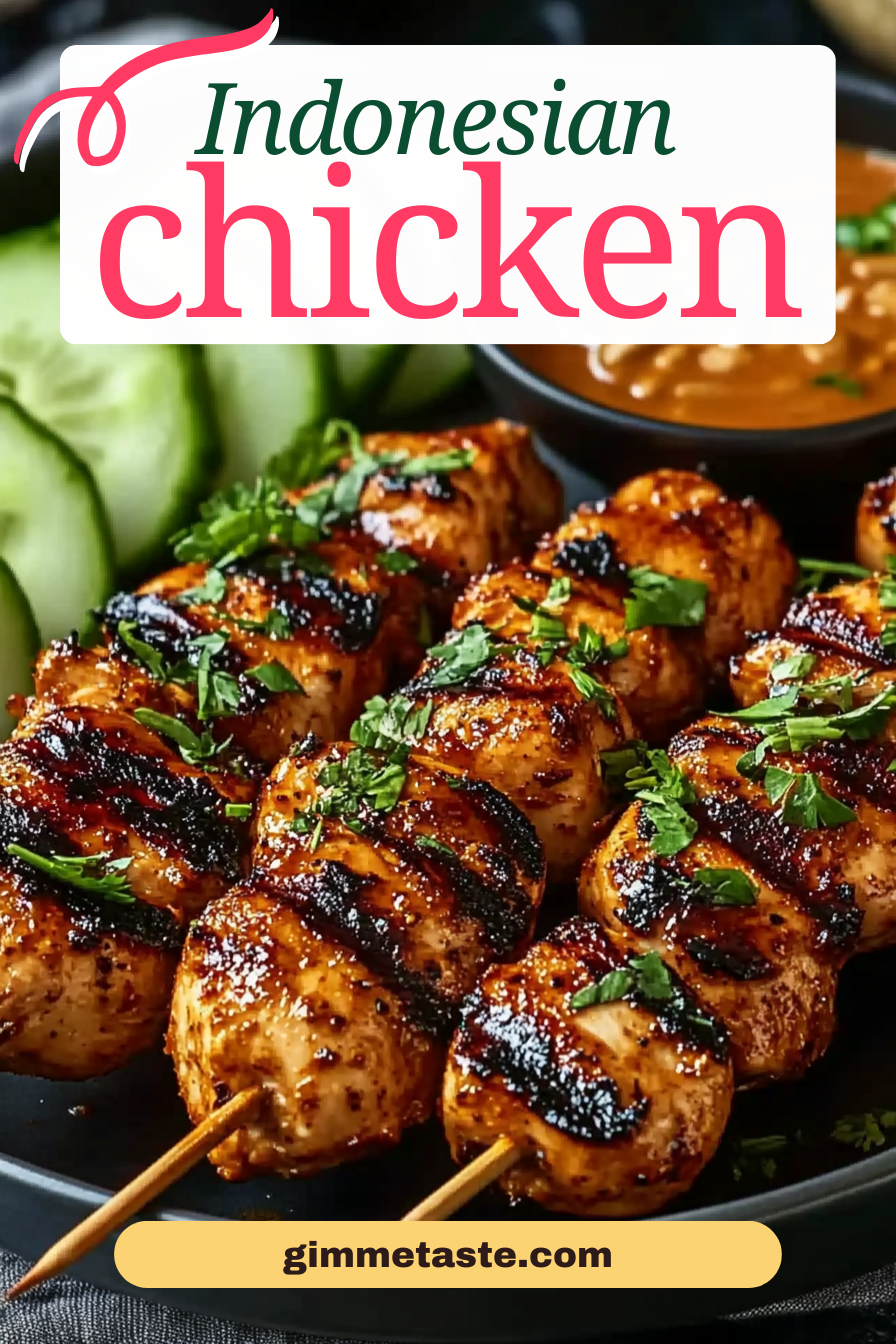 Grilled Indonesian style diet chicken skewers garnished with fresh cilantro, served alongside sliced cucumber and a bowl of peanut sauce.