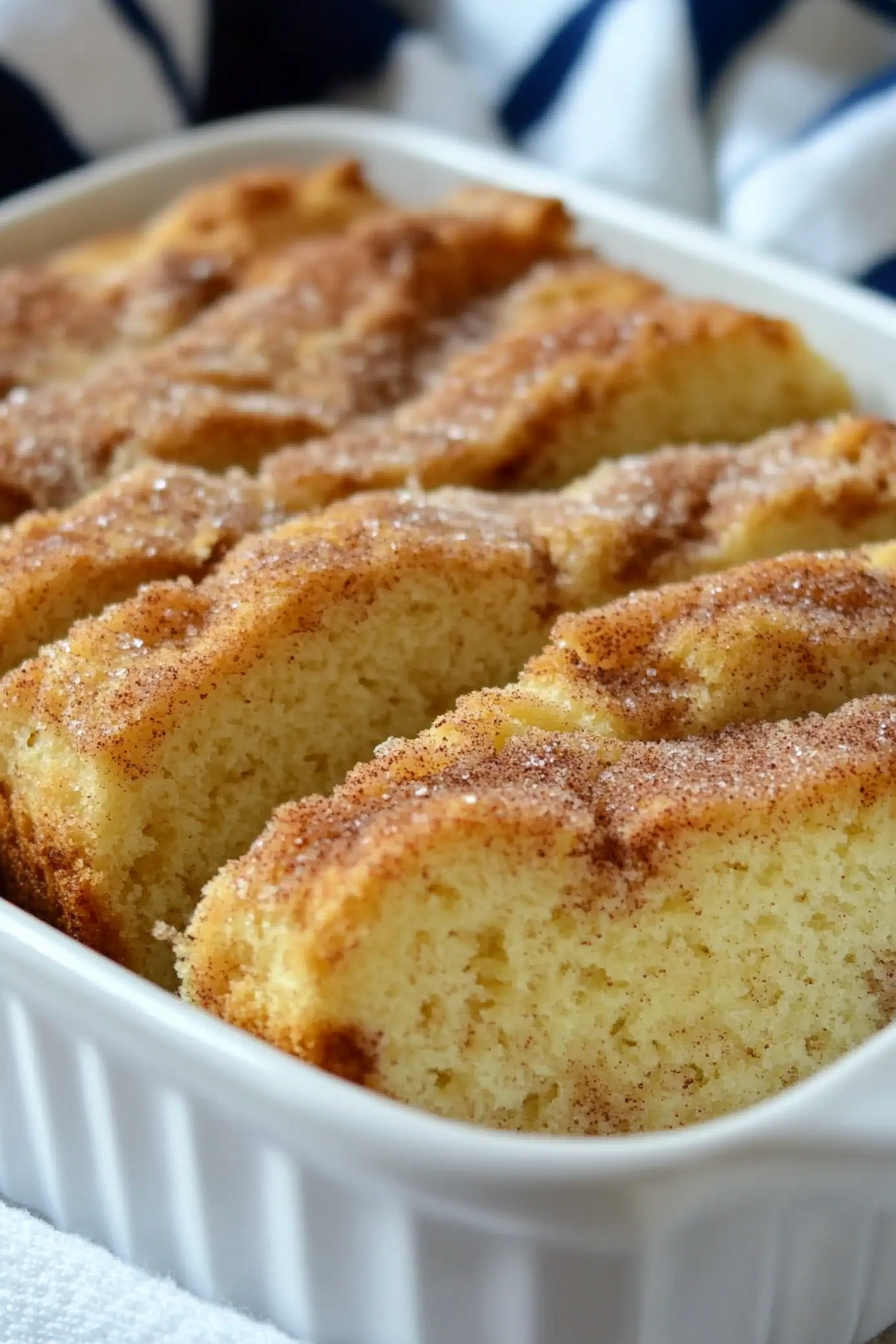 Cinnamon Swirl Cake sliced in a white baking dish, showcasing its moist texture and rich cinnamon sugar layers.