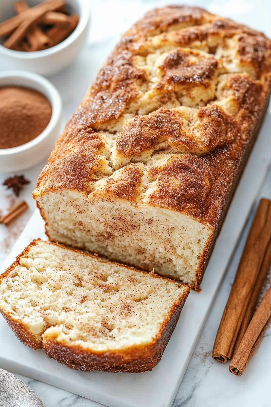 Cinnamon Swirl Cake sliced in a white baking dish, showcasing its moist texture and rich cinnamon sugar layers.