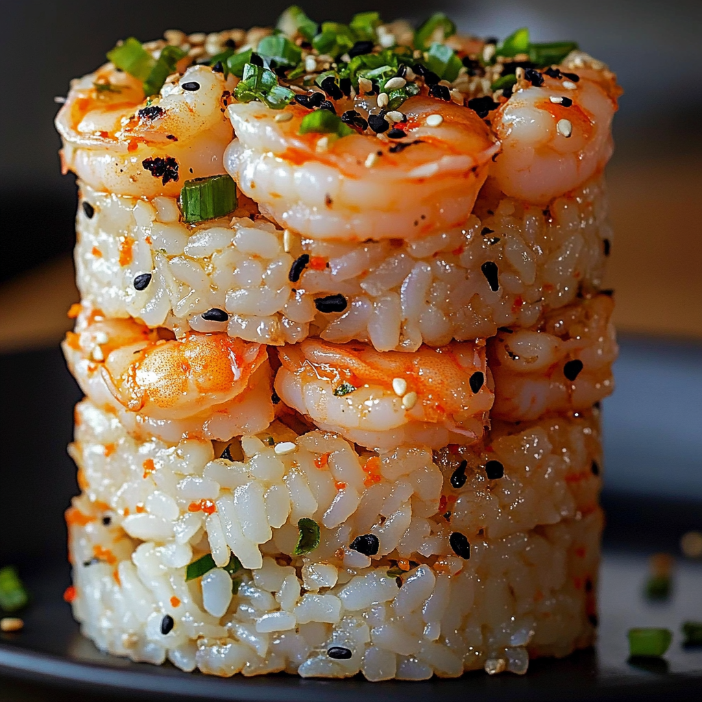 spicy garlic shrimp sushi stack, spicy garlic shrimp sushi stack recipe, easy spicy garlic shrimp sushi stack