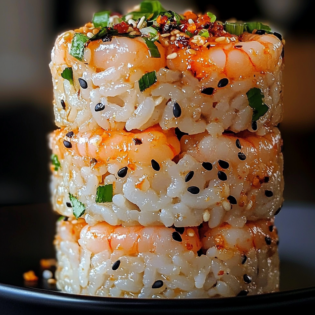 spicy garlic shrimp sushi stack, spicy garlic shrimp sushi stack recipe, easy spicy garlic shrimp sushi stack