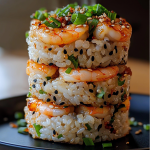 spicy garlic shrimp sushi stack, spicy garlic shrimp sushi stack recipe, easy spicy garlic shrimp sushi stack