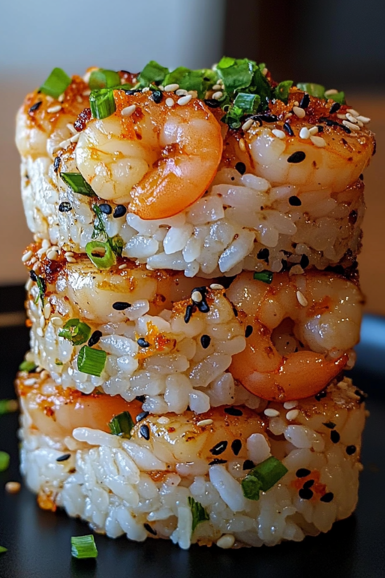 spicy garlic shrimp sushi stack, spicy garlic shrimp sushi stack recipe, easy spicy garlic shrimp sushi stack