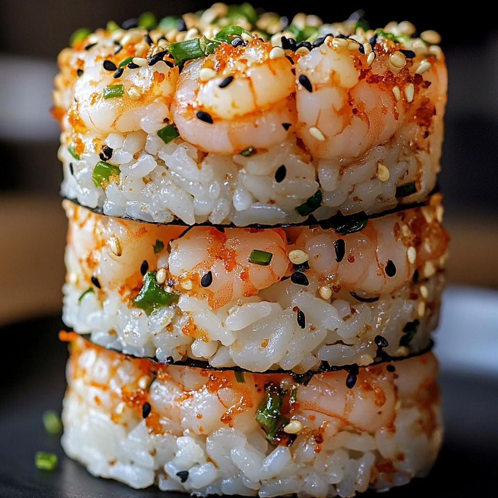spicy garlic shrimp sushi stack, spicy garlic shrimp sushi stack recipe, easy spicy garlic shrimp sushi stack