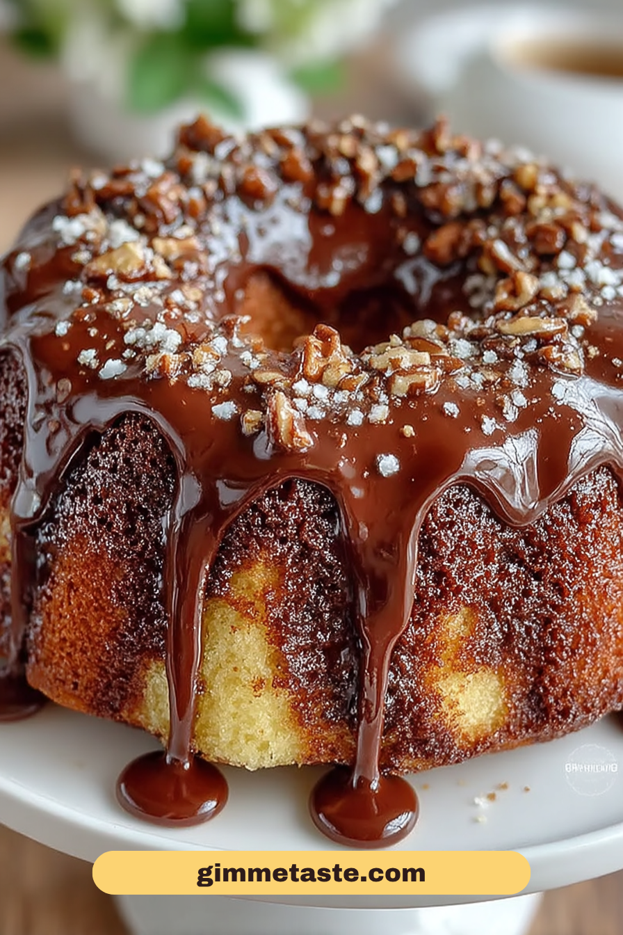 Close-up of a Texas Sheet Cake Bundt Cake topped with glossy chocolate glaze and sprinkled chopped nuts, set on a white cake stand.