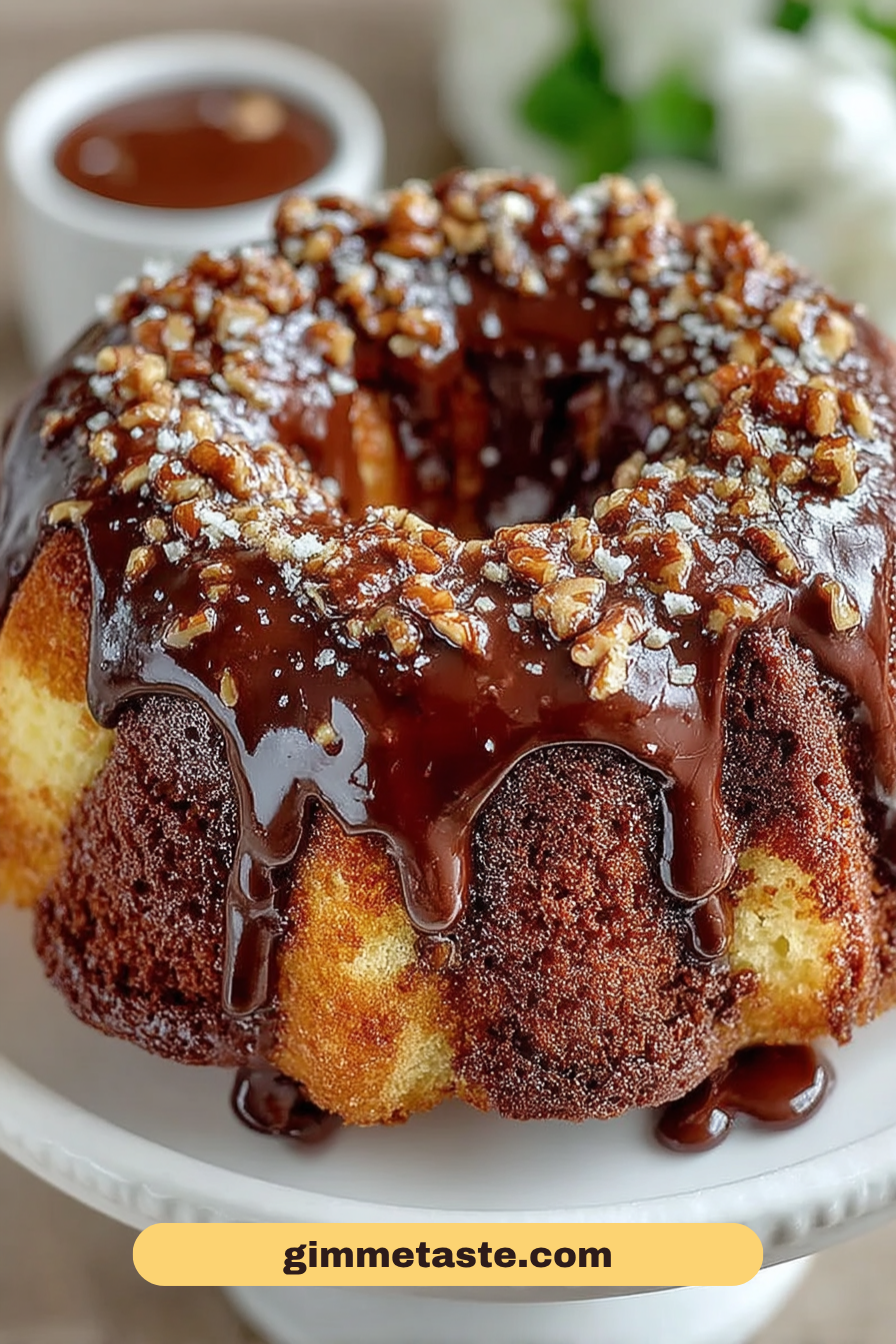 Close-up of a Texas Sheet Cake Bundt Cake topped with glossy chocolate glaze and sprinkled chopped nuts, set on a white cake stand.