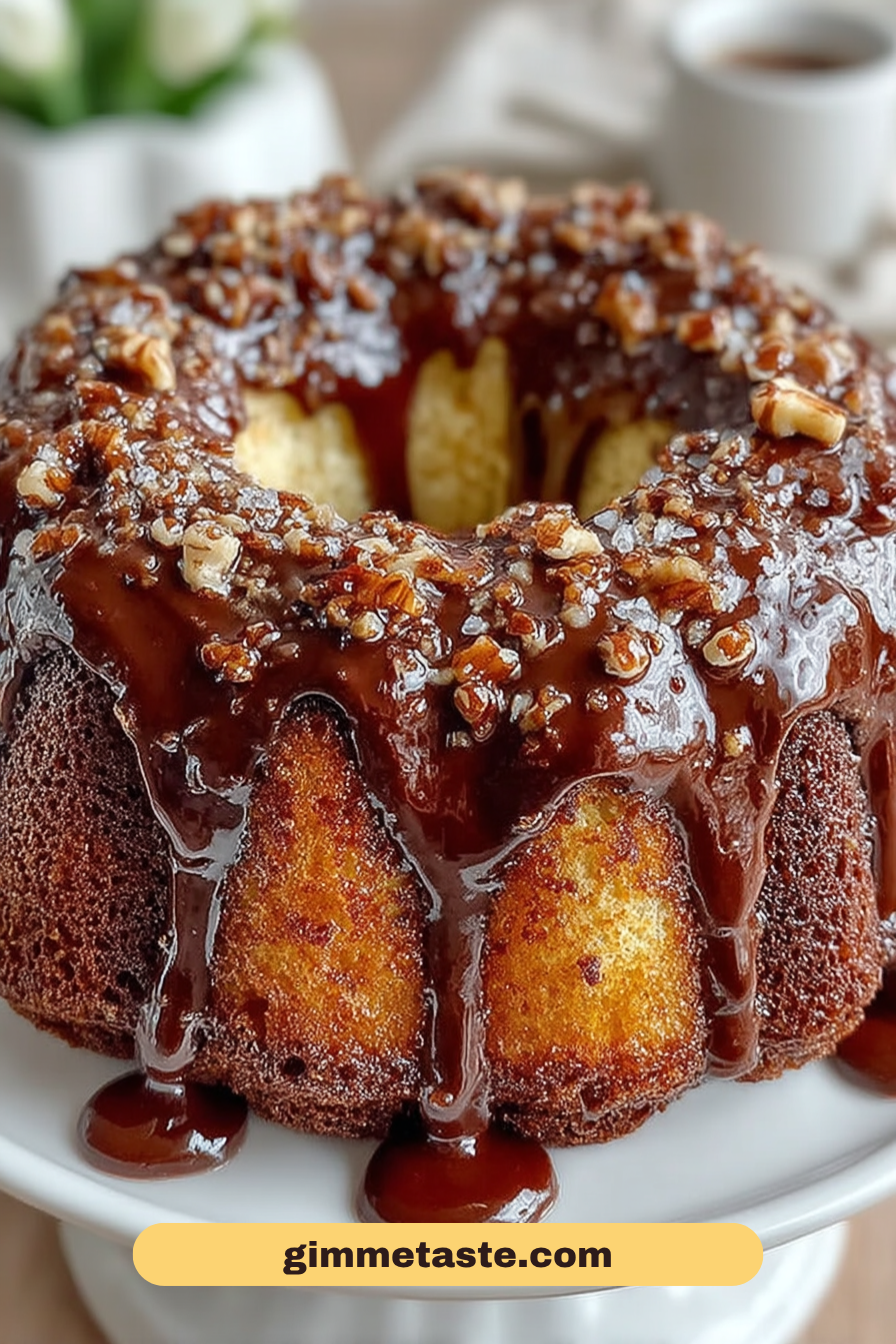 Close-up of a Texas Sheet Cake Bundt Cake topped with glossy chocolate glaze and sprinkled chopped nuts, set on a white cake stand.