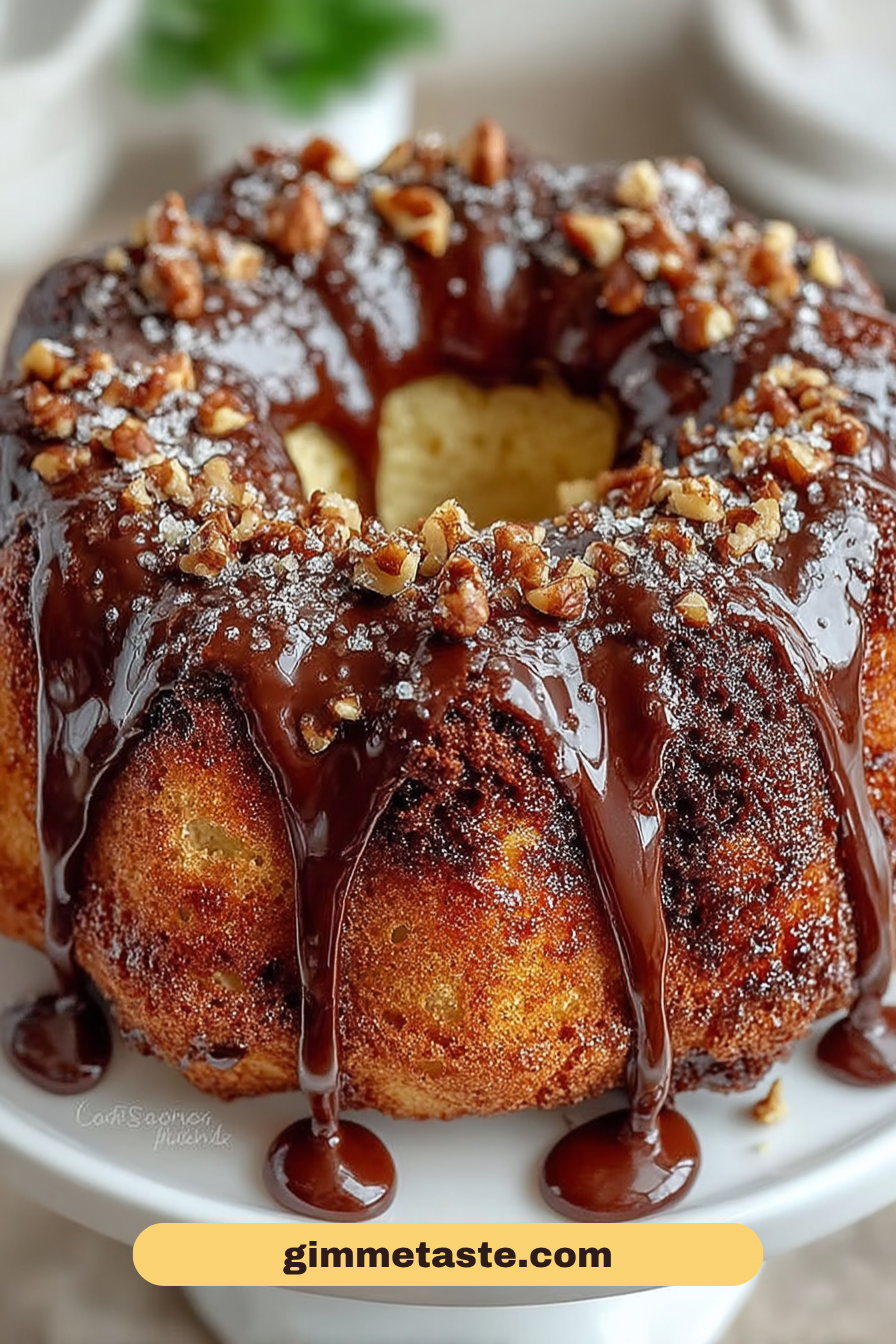 Close-up of a Texas Sheet Cake Bundt Cake topped with glossy chocolate glaze and sprinkled chopped nuts, set on a white cake stand.