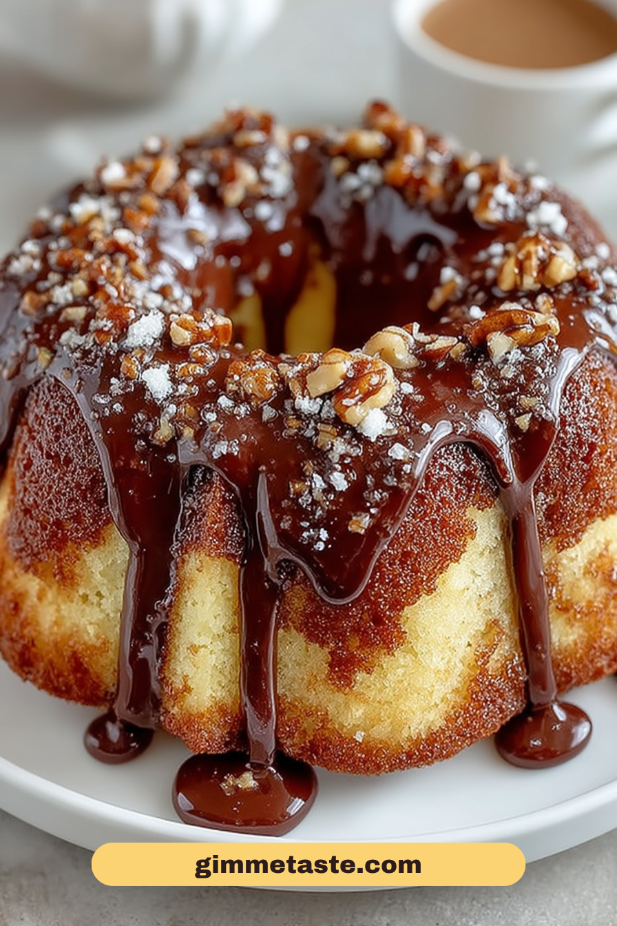 Close-up of a Texas Sheet Cake Bundt Cake topped with glossy chocolate glaze and sprinkled chopped nuts, set on a white cake stand.