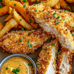 Golden crispy Crack Chicken Tenders served with seasoned fries and dipping sauce, garnished with fresh chives.