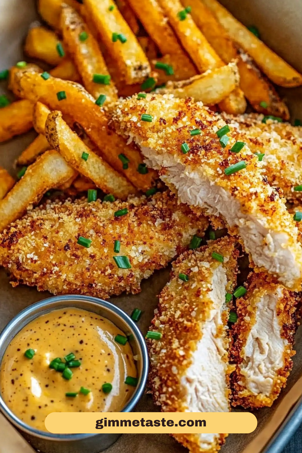 Golden crispy Crack Chicken Tenders served with seasoned fries and dipping sauce, garnished with fresh chives.