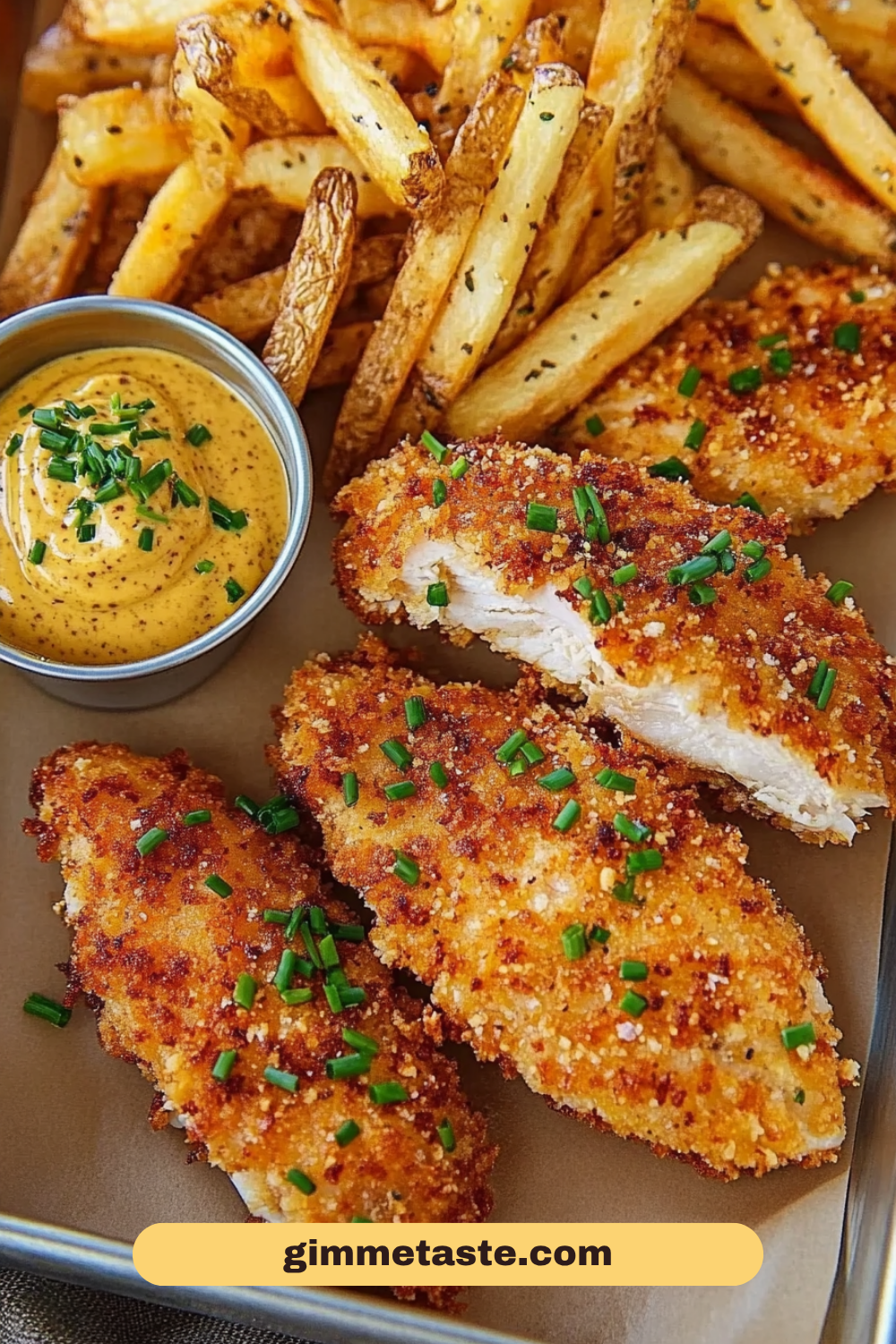 Golden crispy Crack Chicken Tenders served with seasoned fries and dipping sauce, garnished with fresh chives.