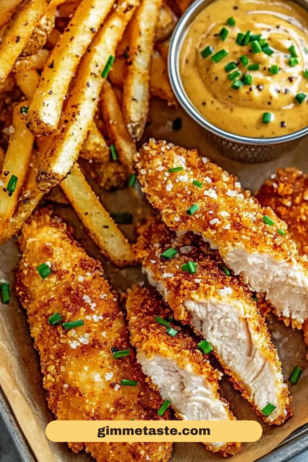 Golden crispy Crack Chicken Tenders served with seasoned fries and dipping sauce, garnished with fresh chives.