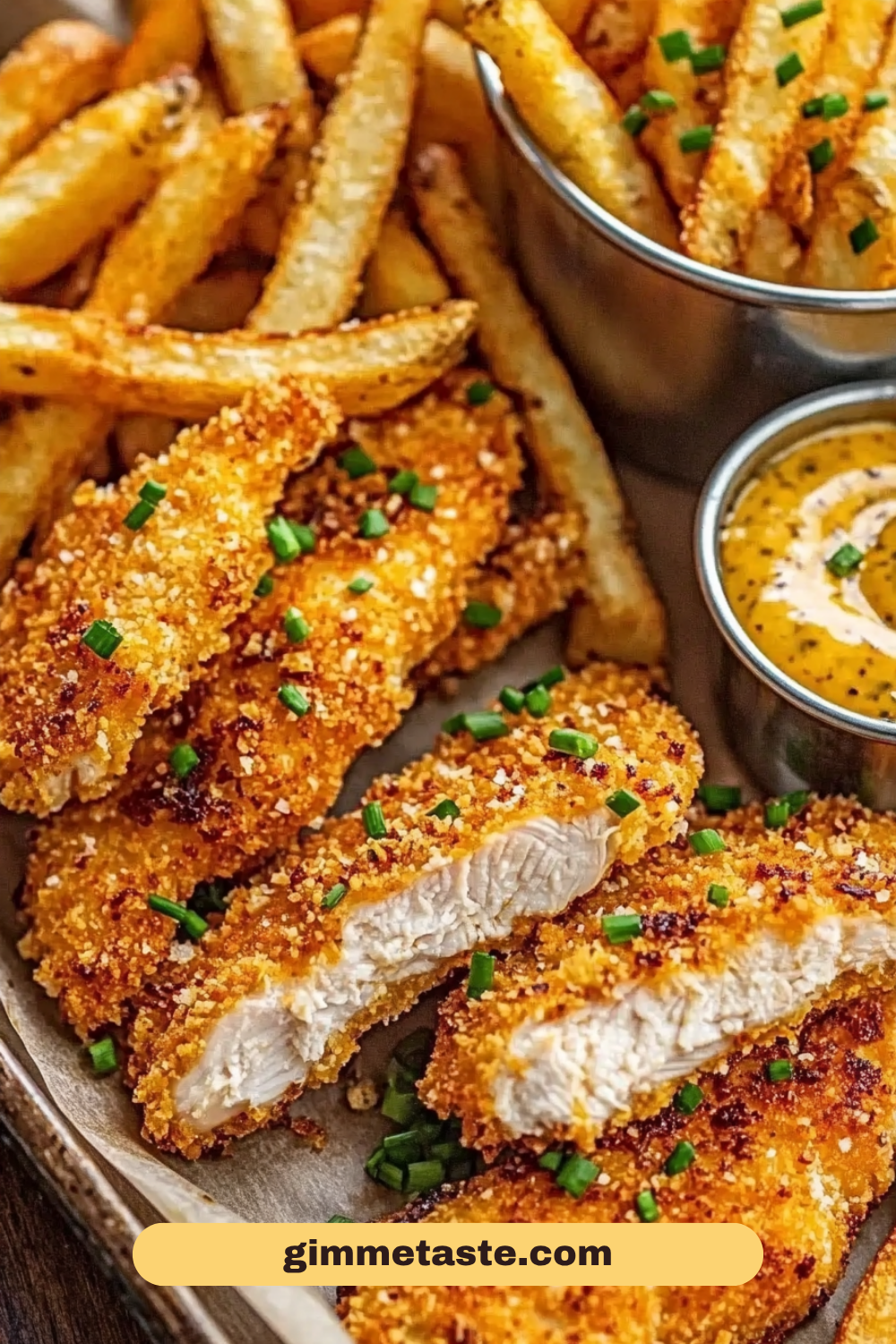 Golden crispy Crack Chicken Tenders served with seasoned fries and dipping sauce, garnished with fresh chives.