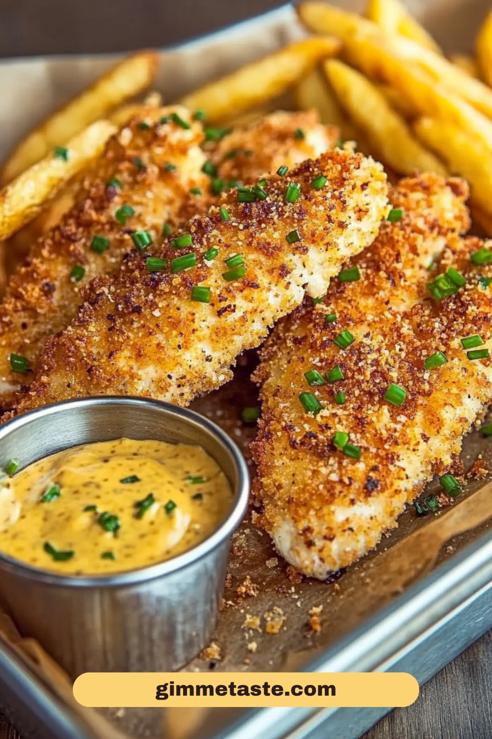 Golden crispy Crack Chicken Tenders served with seasoned fries and dipping sauce, garnished with fresh chives.