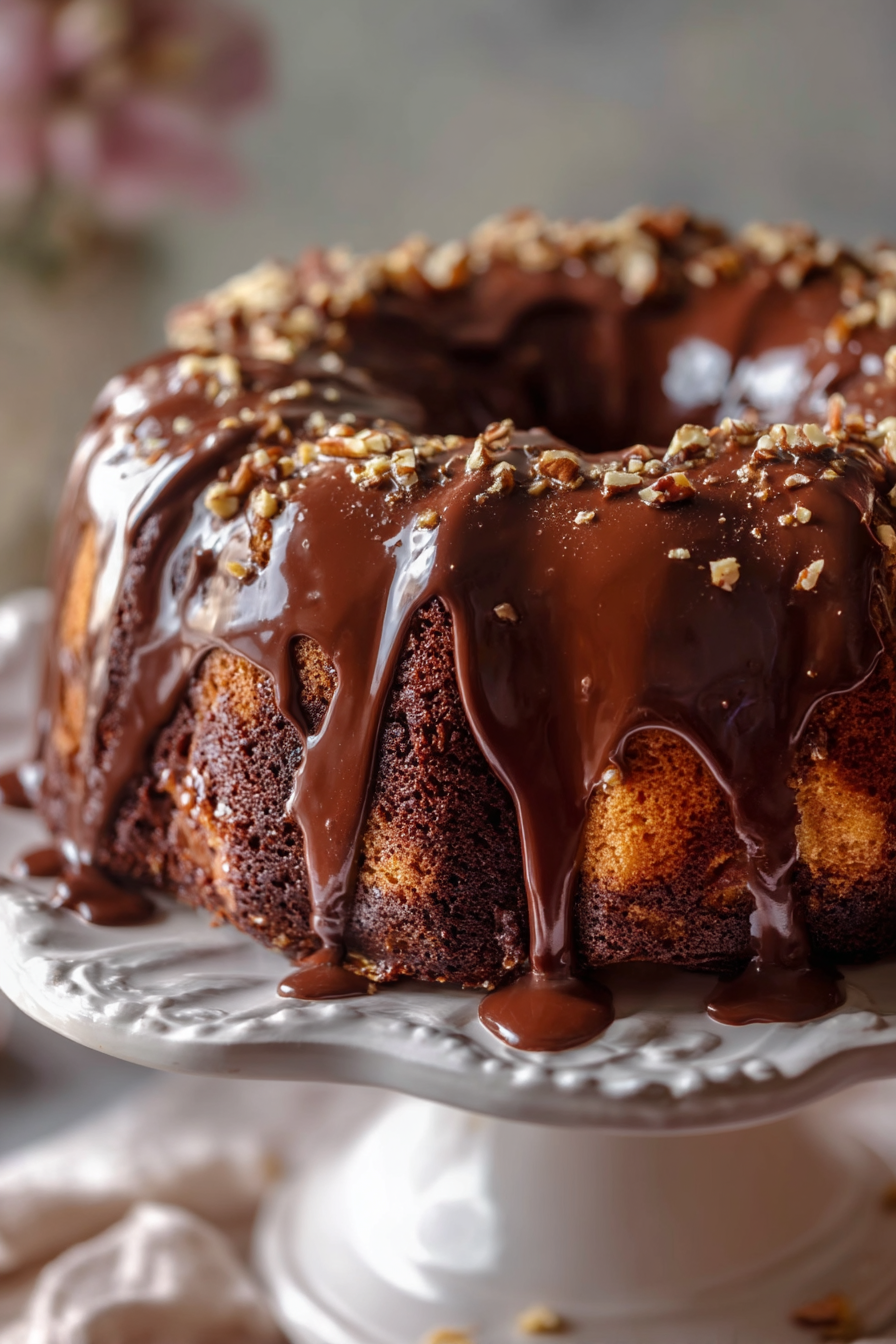 Close-up of a Texas Sheet Cake Bundt Cake topped with glossy chocolate glaze and sprinkled chopped nuts, set on a white cake stand.