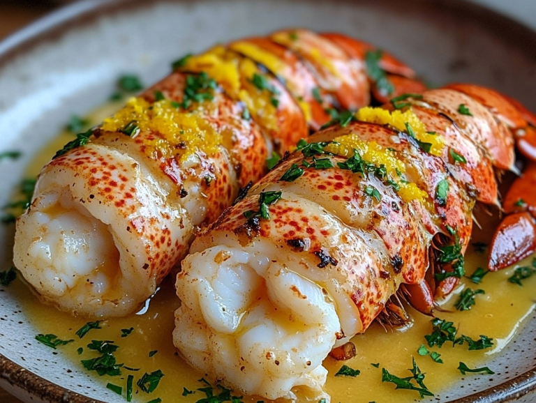 Garlic butter lobster tails served in lemon garlic sauce, garnished with chopped parsley and lemon zest in a rustic ceramic bowl.