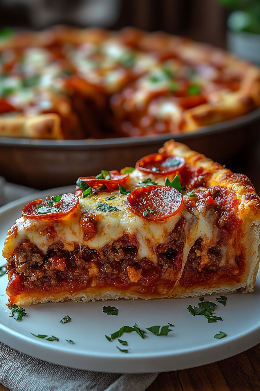 Slice of Stuffed Deep Dish Pizza Pie showing layers of ground beef, melted cheese, pepperoni, and fresh herbs on a wooden board.