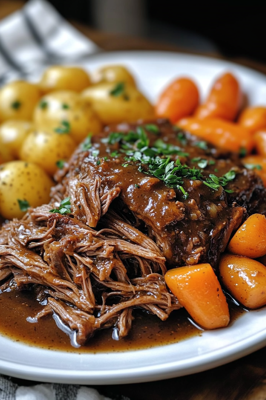 Slow Cooker Pot Roast with shredded beef, baby potatoes, glazed carrots, and rich brown gravy garnished with fresh herbs on a white plate.