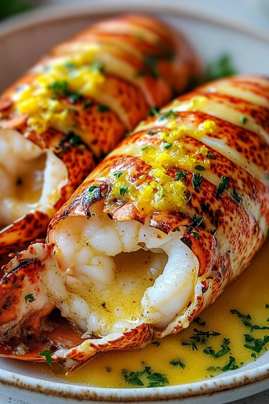 Garlic butter lobster tails served in lemon garlic sauce, garnished with chopped parsley and lemon zest in a rustic ceramic bowl.