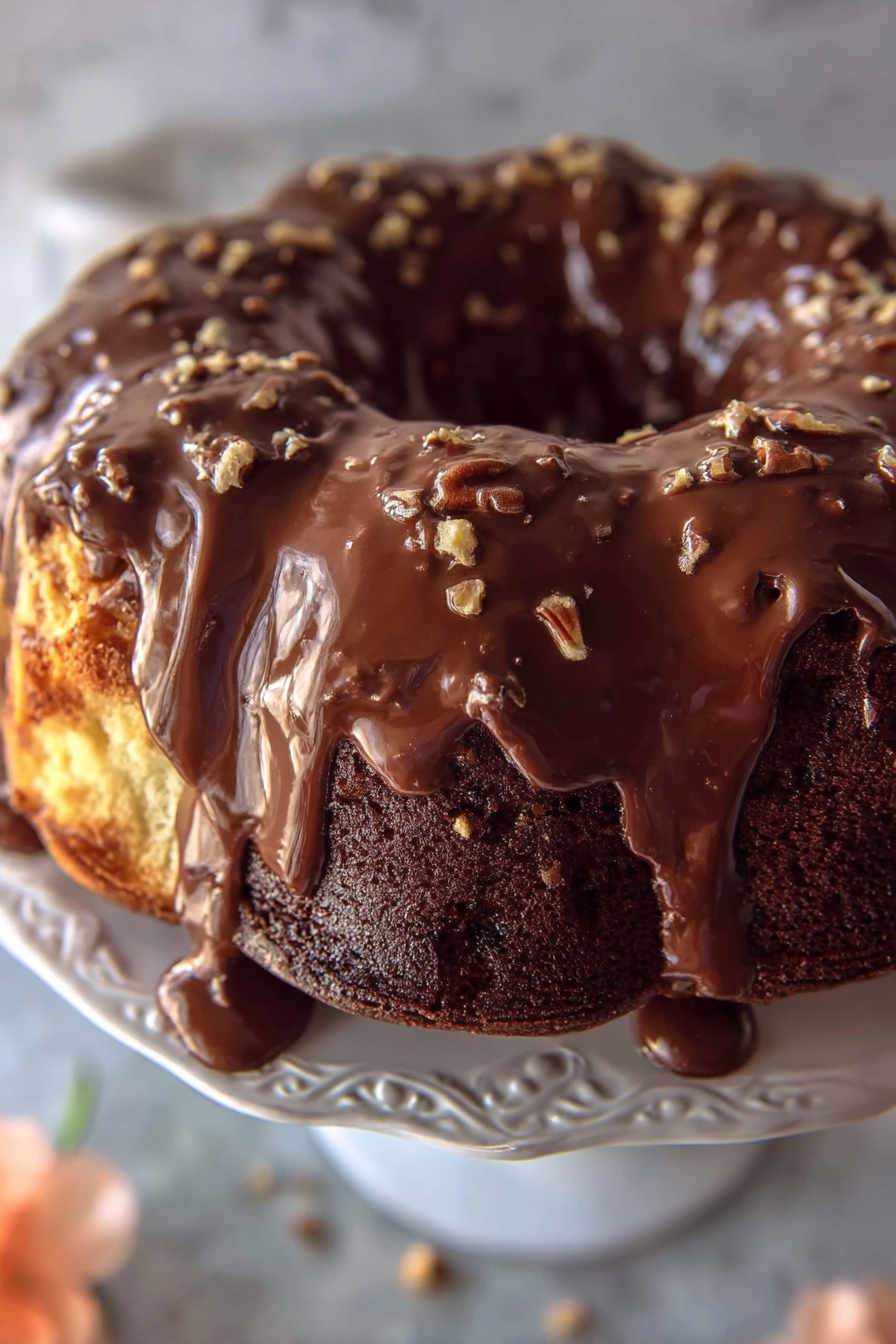 Close-up of a Texas Sheet Cake Bundt Cake topped with glossy chocolate glaze and sprinkled chopped nuts, set on a white cake stand.