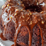 Close-up of a Texas Sheet Cake Bundt Cake topped with glossy chocolate glaze and sprinkled chopped nuts, set on a white cake stand.