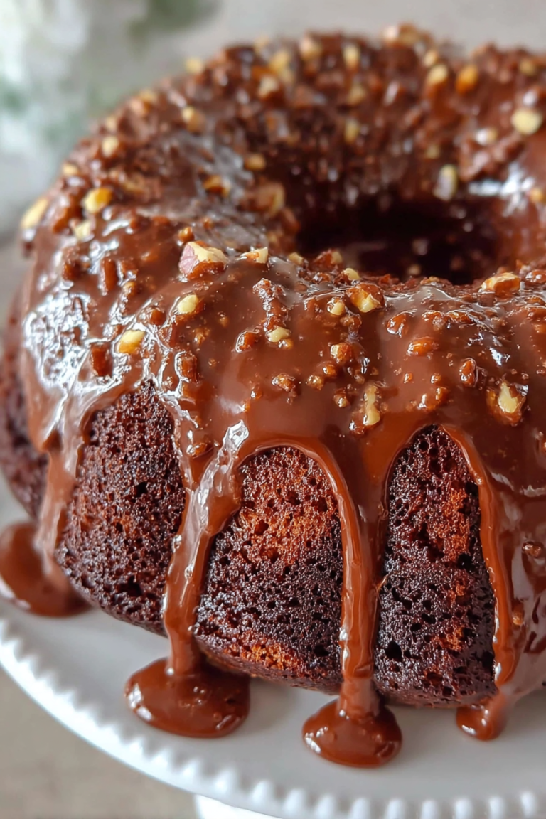 Close-up of a Texas Sheet Cake Bundt Cake topped with glossy chocolate glaze and sprinkled chopped nuts, set on a white cake stand.