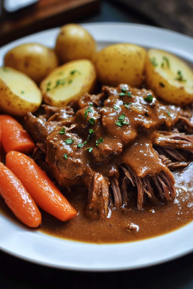 Slow Cooker Pot Roast with shredded beef, baby potatoes, glazed carrots, and rich brown gravy garnished with fresh herbs on a white plate.