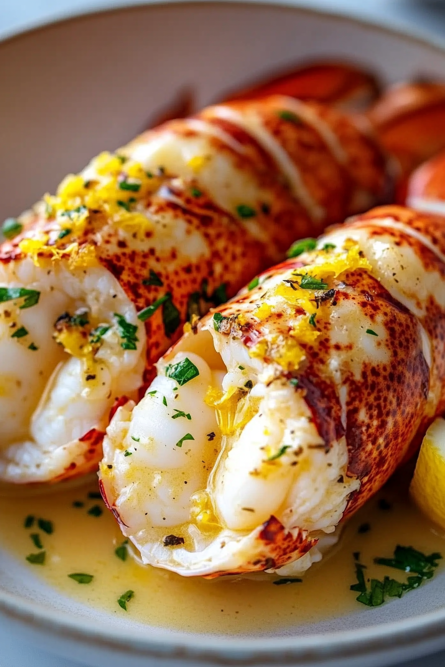 Garlic butter lobster tails served in lemon garlic sauce, garnished with chopped parsley and lemon zest in a rustic ceramic bowl.