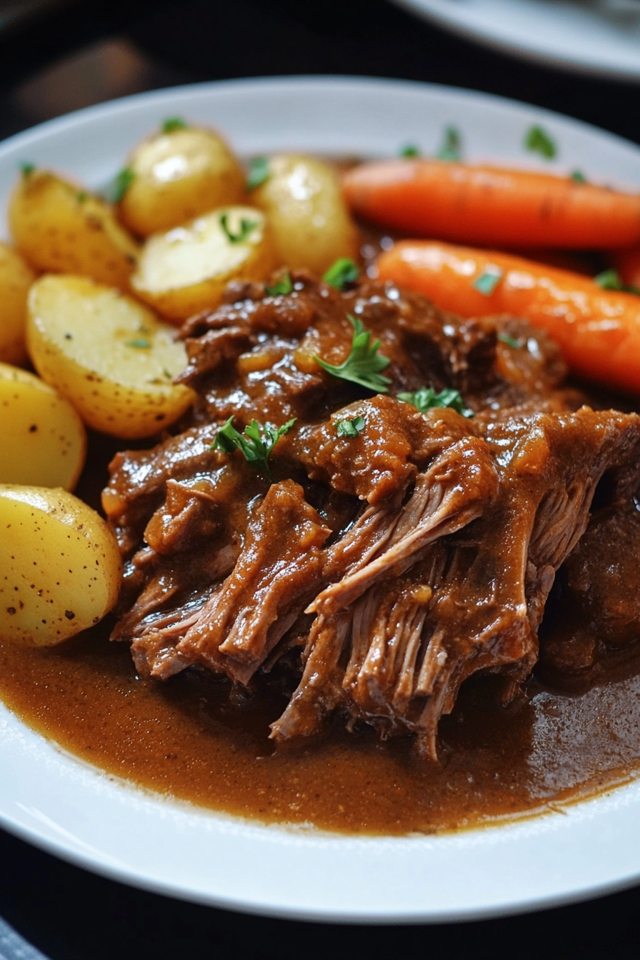 Slow Cooker Pot Roast with shredded beef, baby potatoes, glazed carrots, and rich brown gravy garnished with fresh herbs on a white plate.