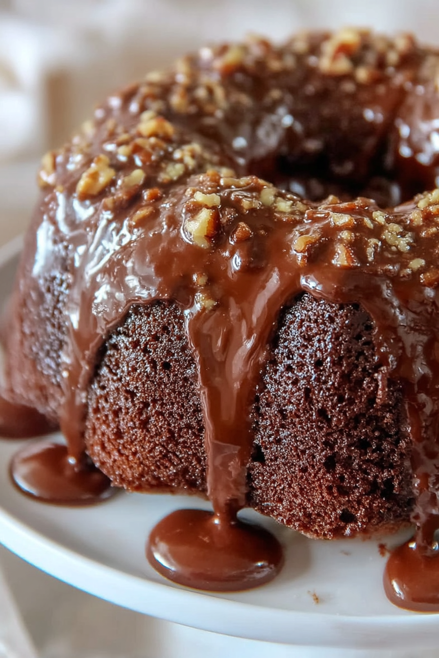 Close-up of a Texas Sheet Cake Bundt Cake topped with glossy chocolate glaze and sprinkled chopped nuts, set on a white cake stand.